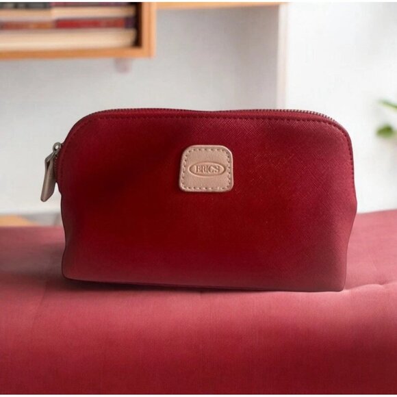 BRICS Red Leather Travel Cosmetic Makeup Toiletry Bag - Picture 1 of 8